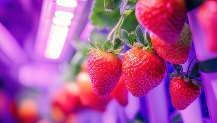 Vibrant Close-Up of Fresh Strawberries Growing Under Artificial Lighting in a Controlled Environment, Showcasing Their Juicy Texture and Rich Color