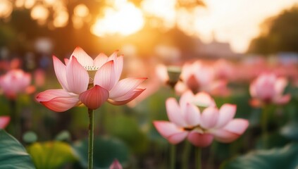 A Beautiful Array of Lotus Flowers Under the Golden Glow of Sunset, Showcasing Their Delicate Pink Petals in a Serene Natural Landscape Filled with Green Leaves