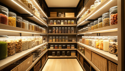 Organized Pantry Displaying an Array of Food Storage Jars Filled with Various Ingredients, Providing a Neat and Aesthetic View of Dry Goods and Snacks