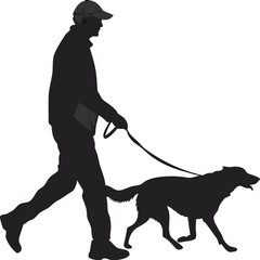 Black silhouette of man walking dog on white background  