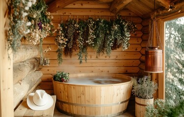 A Tranquil Retreat with Rustic Charm: Cozy Wooden Bathing Space Adorned with Dried Flowers for a Relaxing Experience