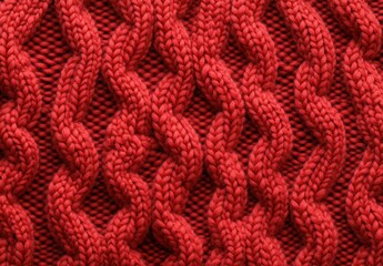 Close-Up View of a Dense, Textured Red Knit Fabric Featuring Intricate Cable Patterns for Fashion and Textile Enthusiasts