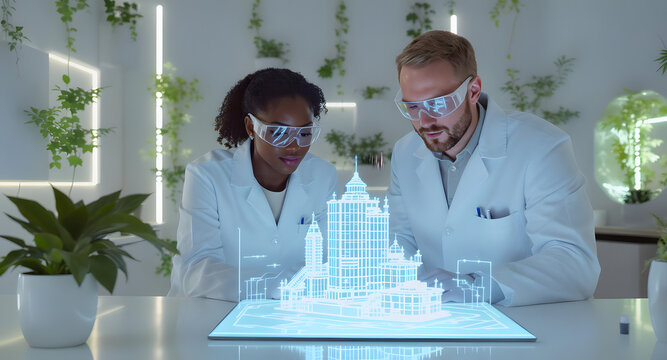 Diverse architects examining a holographic building model in a futuristic lab.