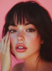 A close-up portrait of a young woman with delicate features and a soft expression, highlighting her radiant skin and expressive eyes against a vibrant pink background.