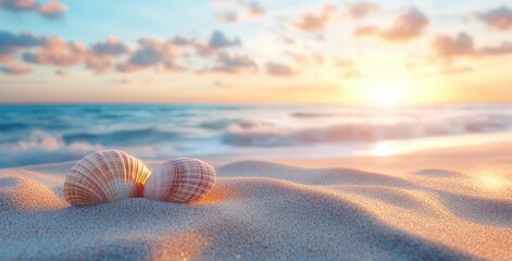 A Serene Beach Scene at Sunset Featuring Shells on Soft Sand and Gentle Waves, Capturing the Tranquility of Nature's Coastal Beauty