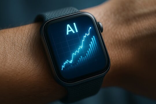 Smartwatch Close-Up with Glowing AI Financial Graph – Futuristic Technology Concept