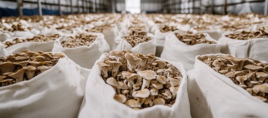 A Bountiful Harvest of Gourmet Mushrooms Cultivated in Growing Bags Within a Spacious Indoor Farm Setting, Showcasing Efforts in Sustainable Agriculture