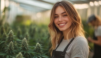 A Smiling Young Woman Nurturing Lush Cannabis Plants in a Bright and Inviting Greenhouse Environment Filled with Greenery and Natural Light