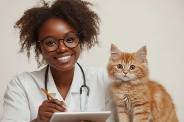 A Smiling Veterinarian with a Playful Ginger Cat, Showcasing Compassion and Care in Animal Health Practices
