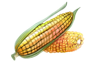  Watercolor illustration corn cobs isolated drawing on transparent background hand-drawn png