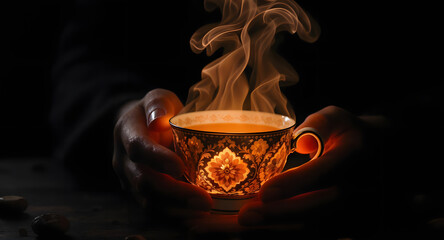 Hands holding a magical glowing teacup with ornate patterns in the dark.