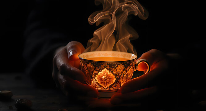 Hands holding a magical glowing teacup with ornate patterns in the dark.