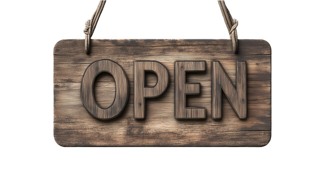 Wooden OPEN icon on transparent background 