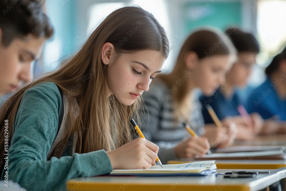 Poster students engage in focused learning at desks during class in a school setting