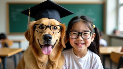 Smiling Asian child and dog in graduation cap with glasses in classroom