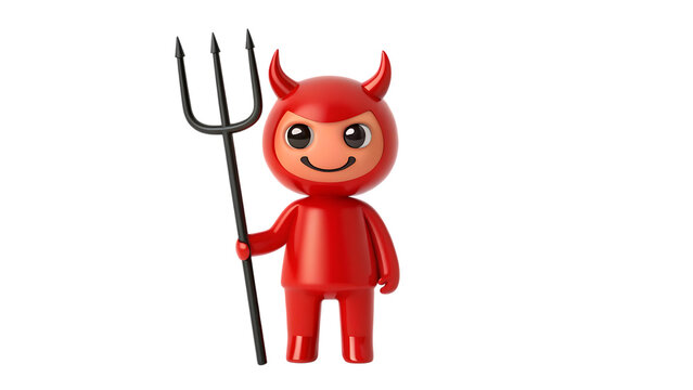 Cute little cartoon devil character with horns and pitchfork isolated on transparent background