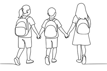 Children with school backpacks walking away in continuous line art