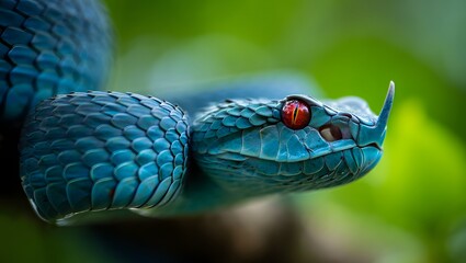 Fototapeta premium Stock image of blue viper snake with red eyes close up macro photography reptile pet