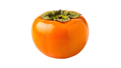 Bright orange ripe persimmon fruit with green stem isolated on transparent background
