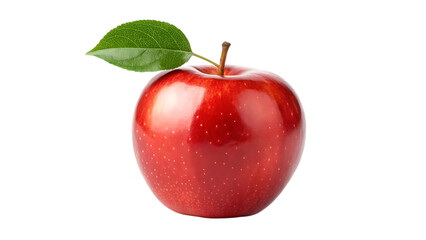 A single ripe red apple with a green leaf and stem isolated on transparent background