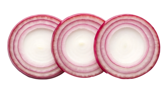 Three sliced red onion rings showing concentric layers isolated on transparent background