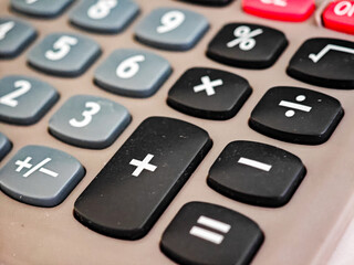 Close-up of calculator showing basic operation keys: +, –, ×, ÷, %.