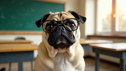 Pug wearing glasses in classroom setting with blackboard and desks