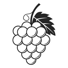 Black and white illustration of a bunch of grapes with leaf  