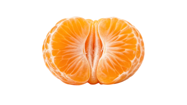 A vibrant peeled mandarin orange segment showing its juicy texture isolated on transparent background