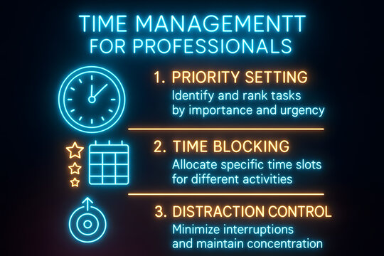 Neon Time Management Infographic with Productivity Hacks for Students and Professionals