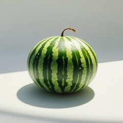 A single ripe watermelon with green stripes and a stem isolated on white background
