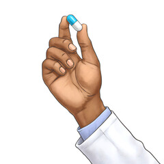 Doctor s hand holding a blue and white pill isolated on transparent background
