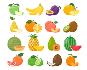 Big set of fresh fruit icons. Organic fruits with pieces for juice, smoothie or vitamin healthy food. Vector illustration isolated on white background.