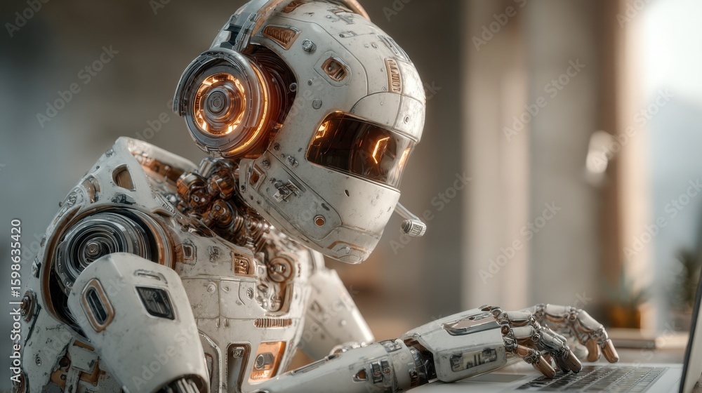 Poster a sophisticated robot engages with a laptop, displaying intricate details and glowing elements while