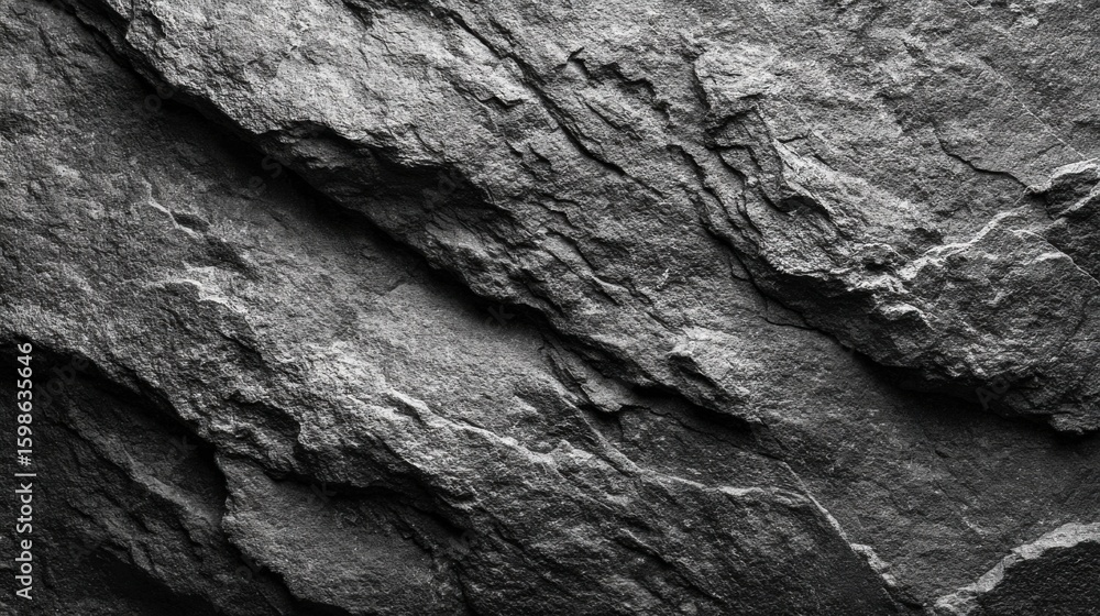 Poster close-up view highlights the rugged texture and layered formations of a rock surface. natural light 