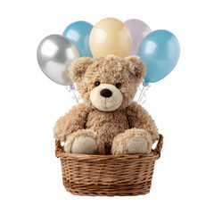 Cute teddy bear in a basket with colorful balloons isolated on transparent background