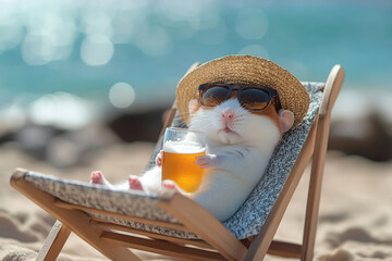 Portrait of hamster with glass of beer lying on chaise lounge on beach sand