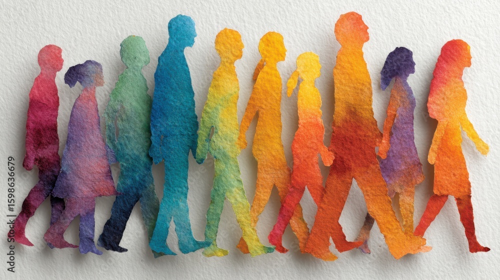 Poster silhouettes of various individuals with different postures and attires walking together in an urban 