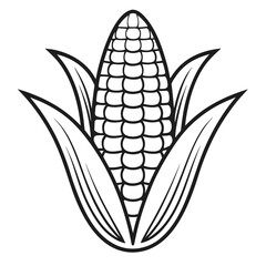 Black and white illustration of corn on the cob with leaves  