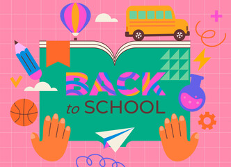 Back to school, background with hands holding book, and school stationery elements,accessories for study, sports and creativity around it. School educational template. Vector illustration.