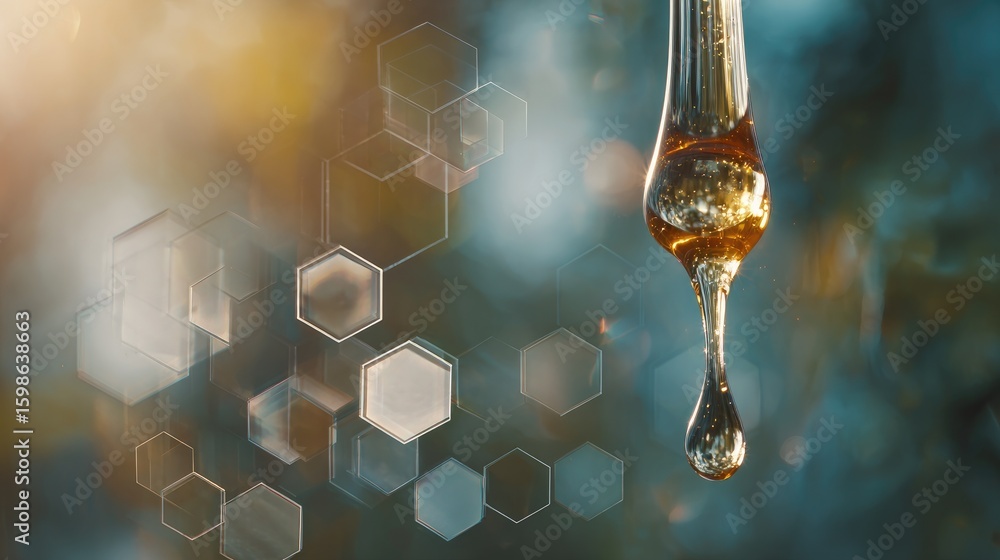 Poster honey drop dripping from a source, with a hexagonal abstract background.