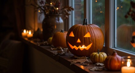 Halloween jack-o'-lantern on wooden window. Carved pumpkin features classic happy, smiling face, warmly illuminated for seasonal and holiday-themed project, with ample copy space