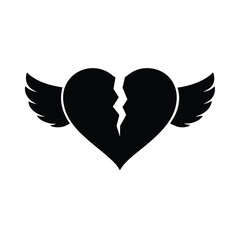 Obraz premium Black silhouette of a broken heart with an angel wing
