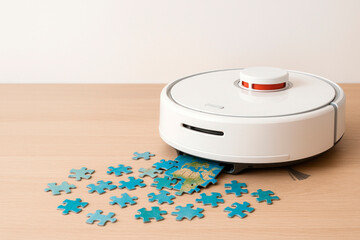 Robot vacuum cleaner pouring puzzle pieces onto a wooden table. Space for text.