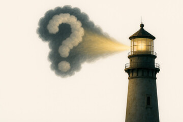 A lighthouse that emits light in the form of a question mark from smoke. Space for text.