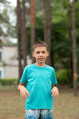 portrait of a boy in a blue T-shirt and blue shorts