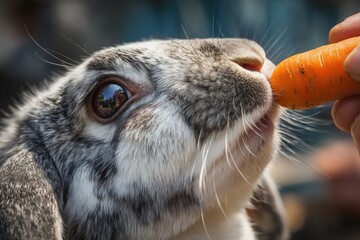 Close-up of a gray rabbit eagerly nibbling on a fresh carrot held by a hand, showcasing the bond between animals and humans in a natural setting