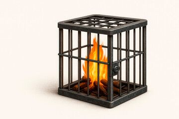 A fire burning in an iron cage on a light background. Space for text.