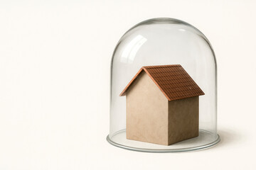 A house under a glass dome on a light background. Space for text.