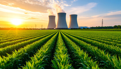 Sunset over nuclear plant  field.